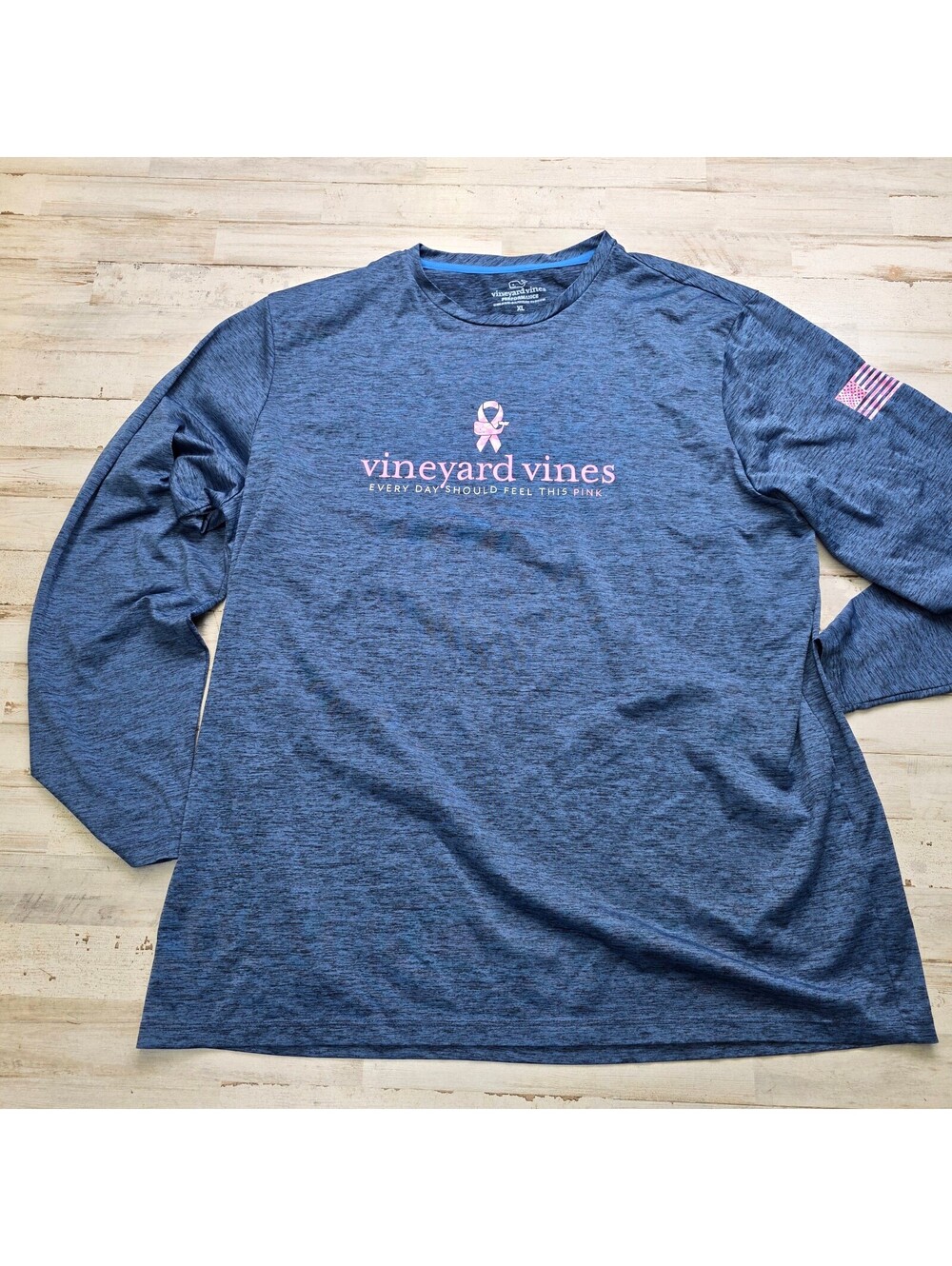 Vineyard Vines Performance Long Sleeve Shirt XL Blue Pink Ribbon Breast Cancer